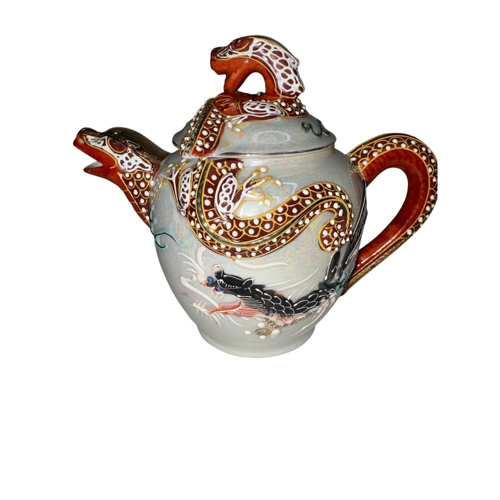 Japanese Moriage Dragon Teapot Iridescent Lusterware Hand Painted Art Vintage
